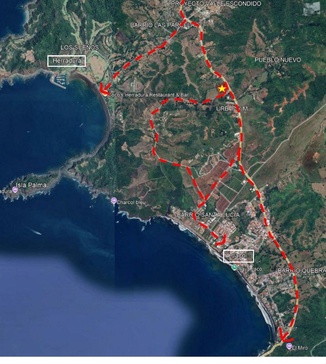 Map of the project site near Jacó and Los Sueños, with highway access route